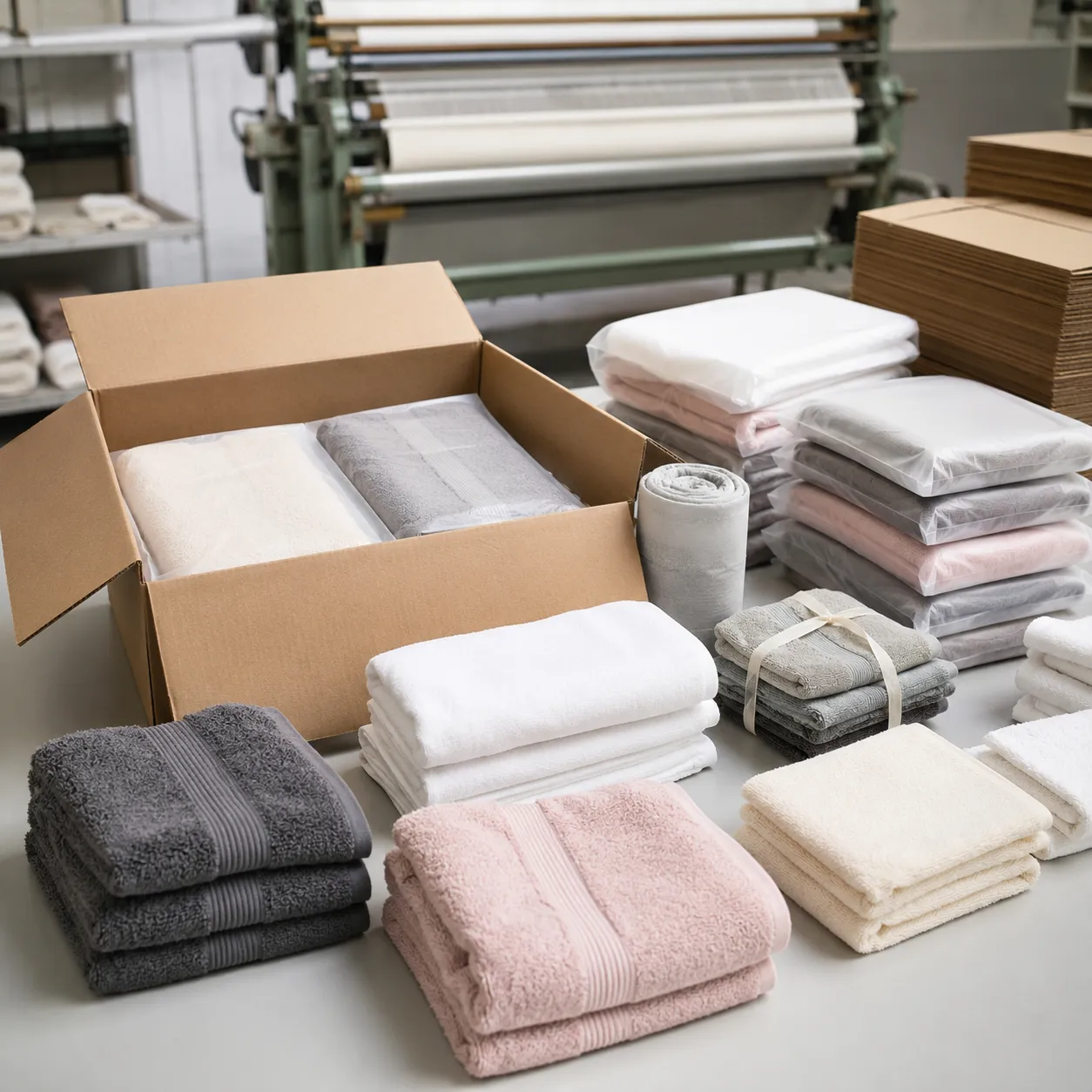 Factory packing table showing low moq towels private label packaging checks before carton sealing