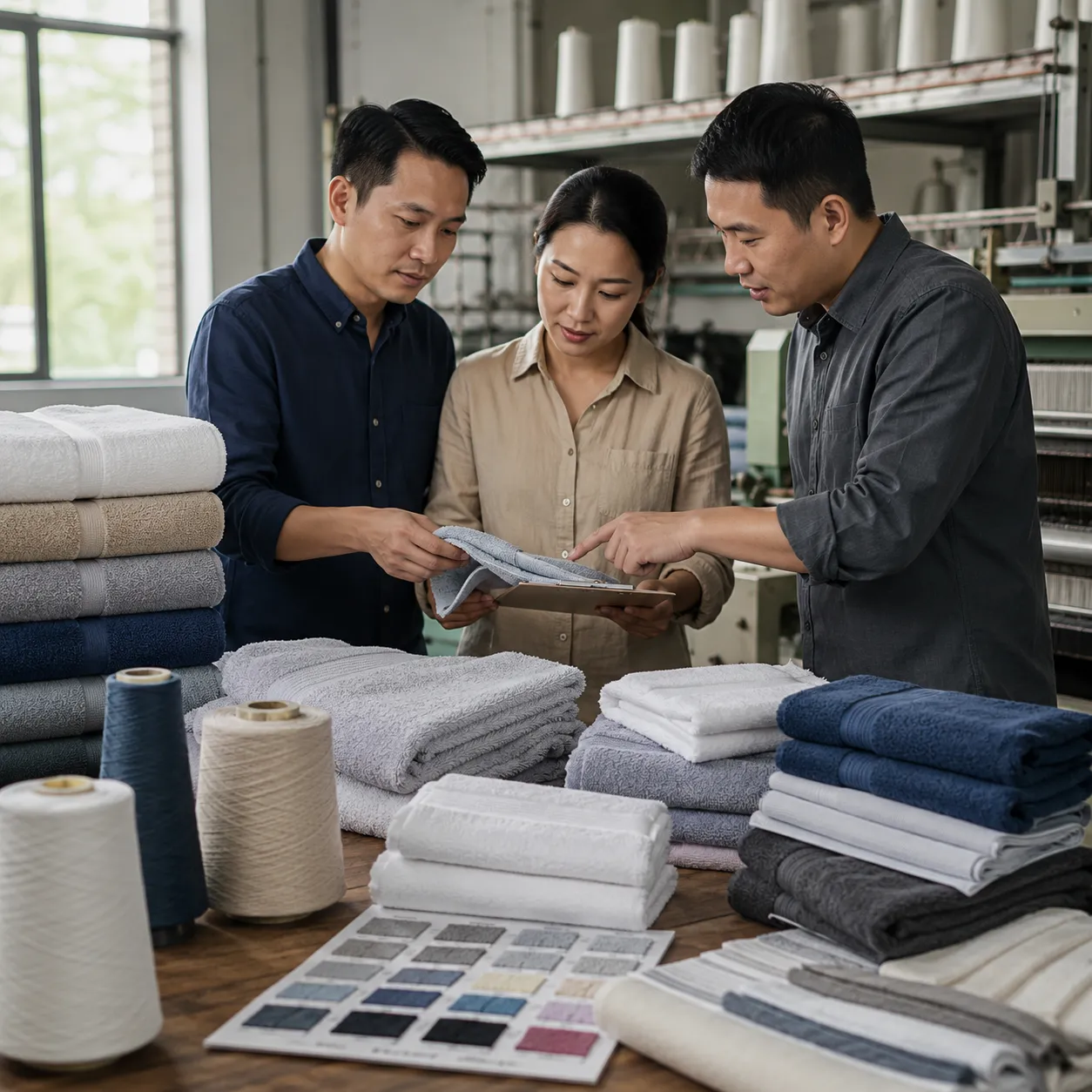 Factory team reviewing low moq towels bulk pricing plan beside dyed yarn and towel samples