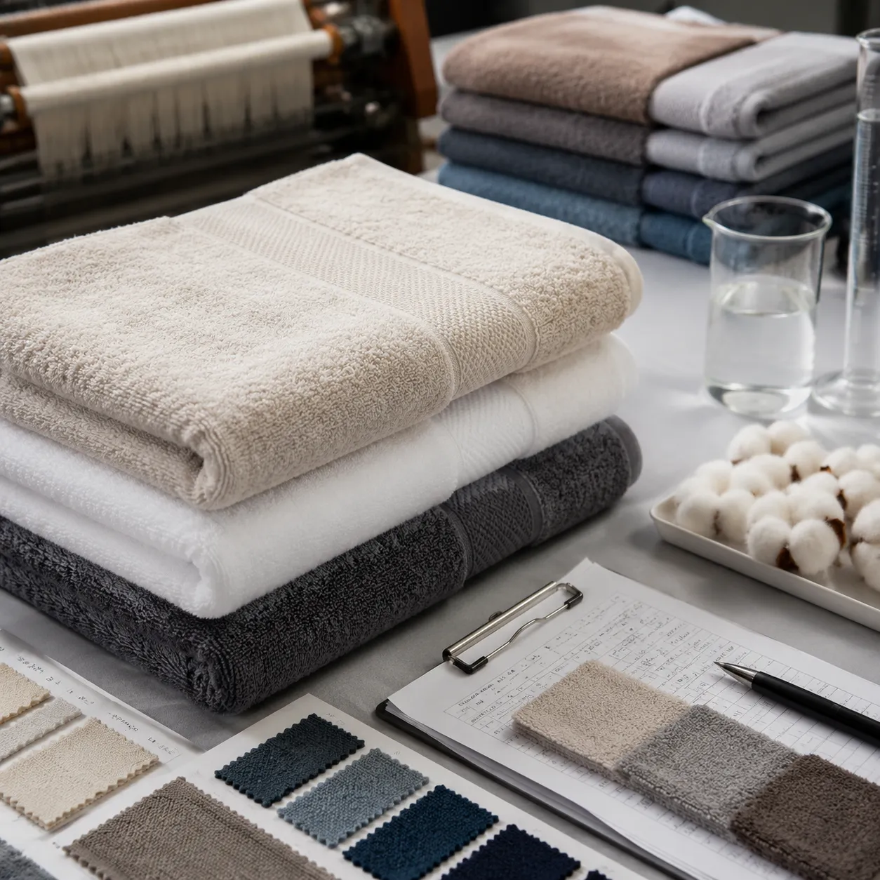 Spa towel cotton sample approval process with folded treatment towels and lab wash notes