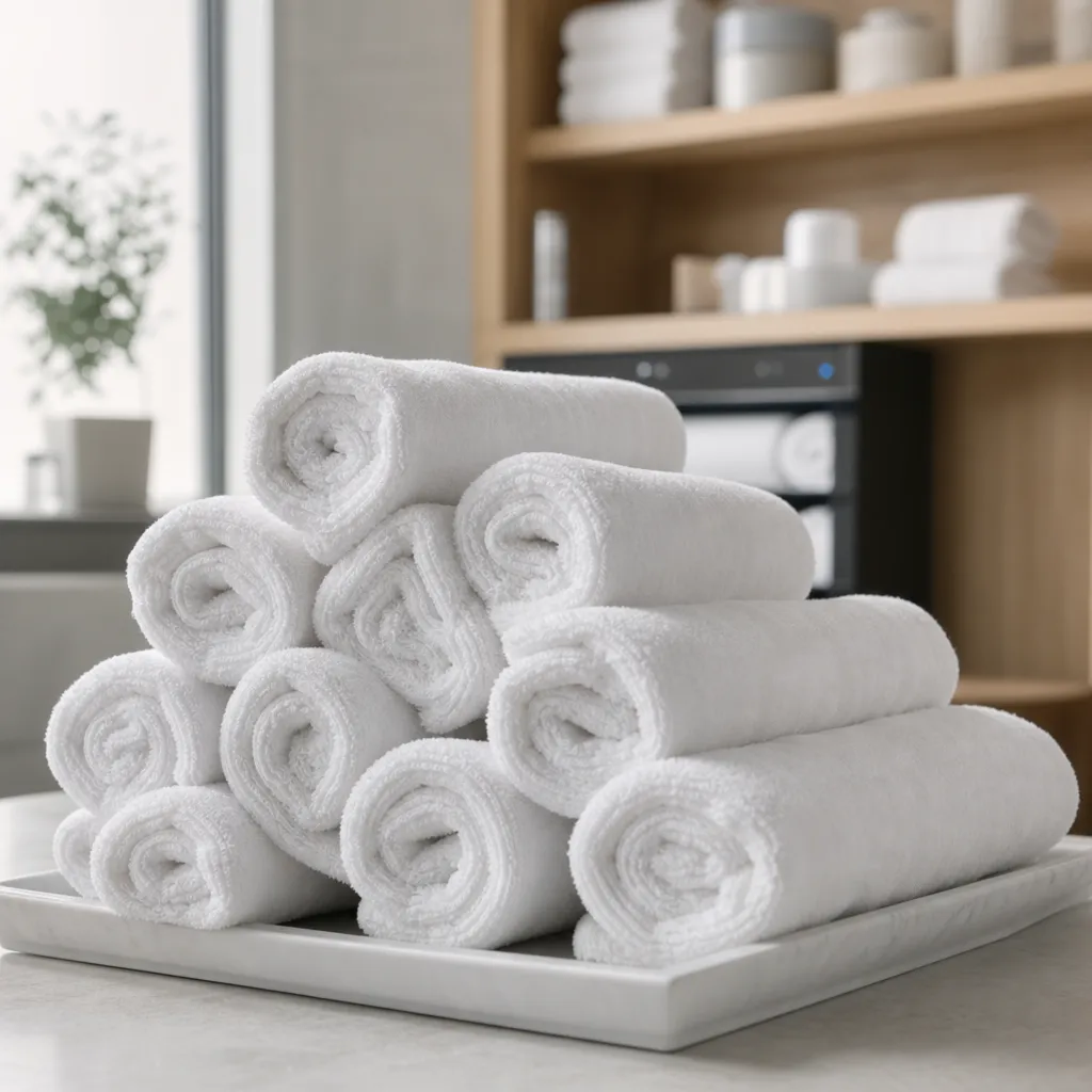 Spa towel warmer load planning with rolled white facial towels prepared for treatment room service