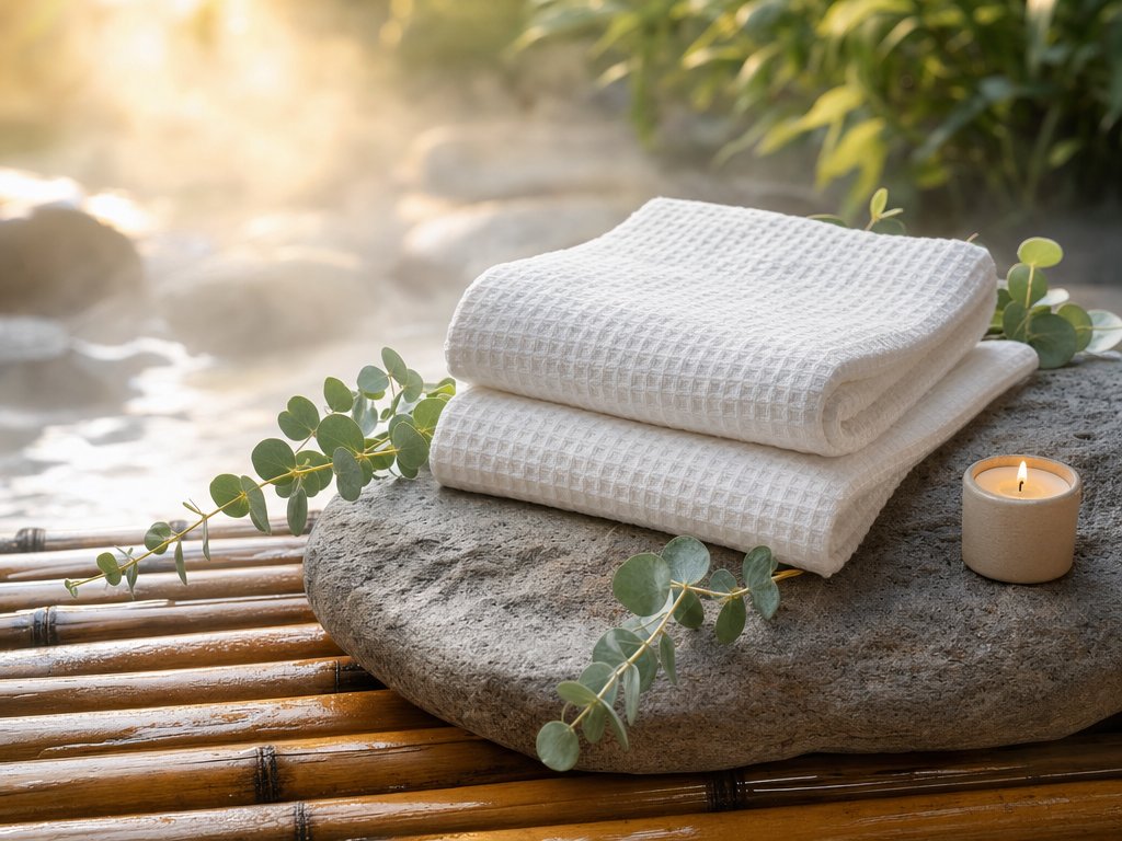 White waffle-weave spa towels with eucalyptus on river stone in luxury wellness setting