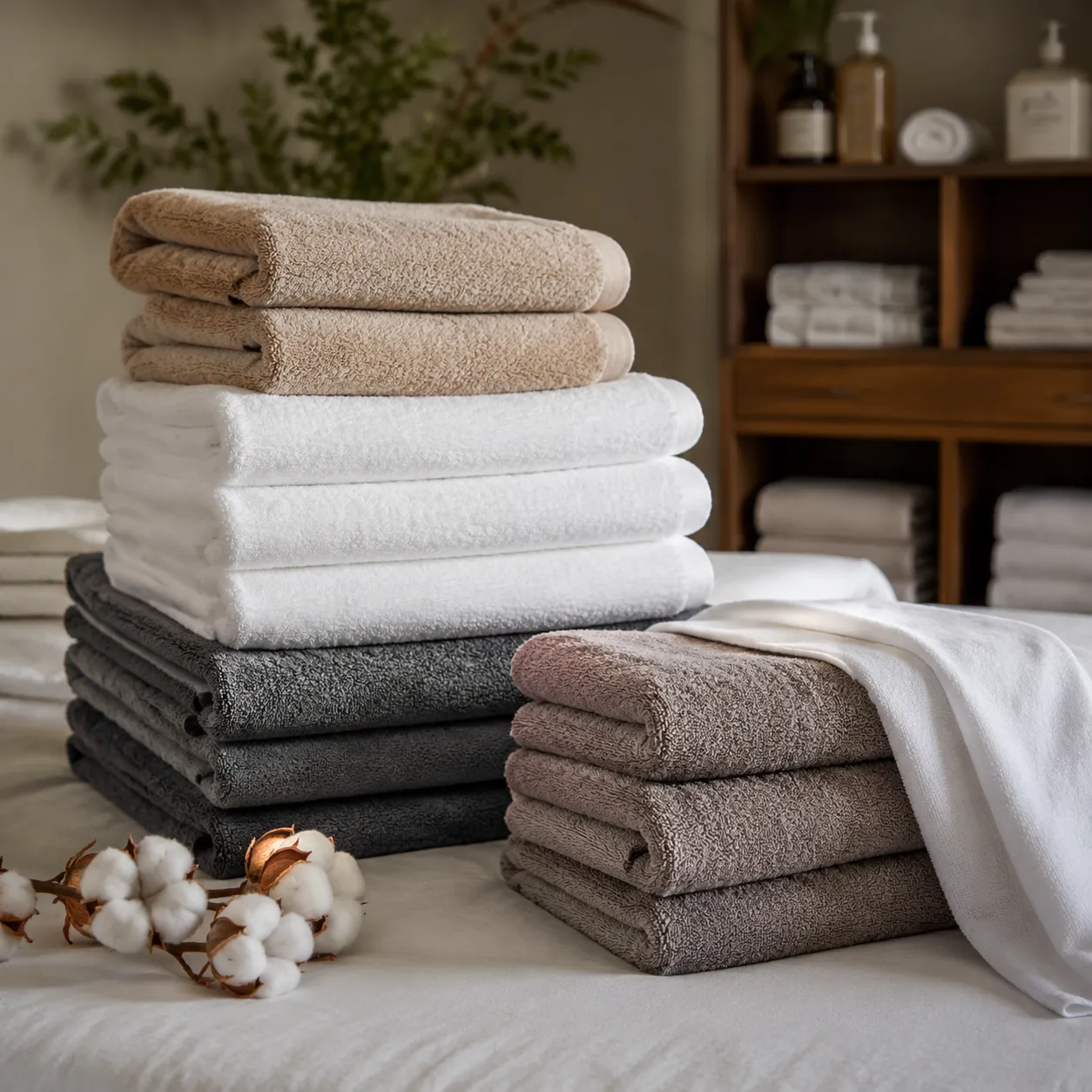 Spa treatment towel bulk pricing model for cotton towels stacked in a treatment room