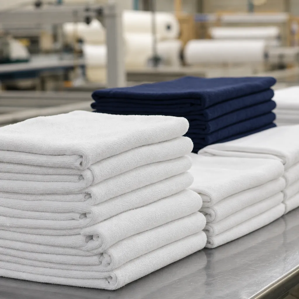 Stacks of rally towels bulk production folded for stadium events and promotional distribution