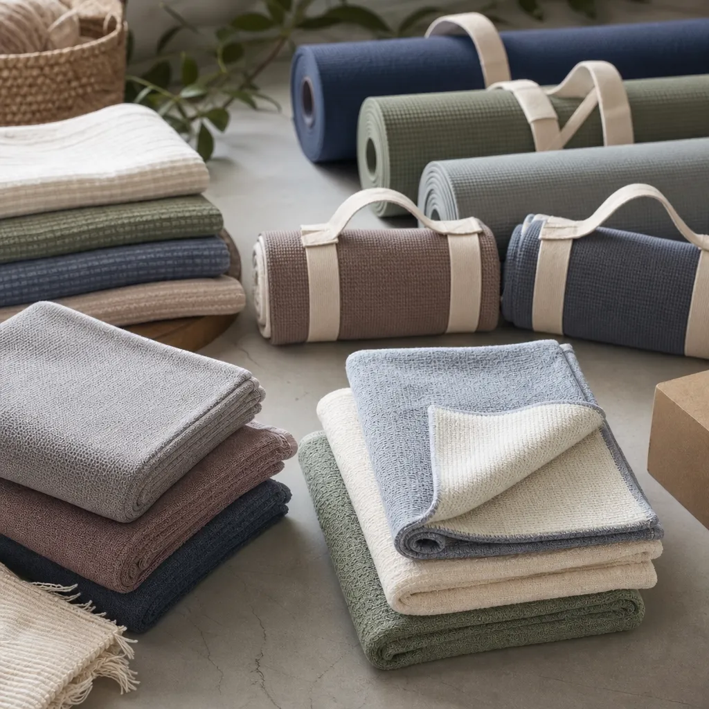 Branded yoga mats and towel kits laid out for OEM studio merchandise sourcing review
