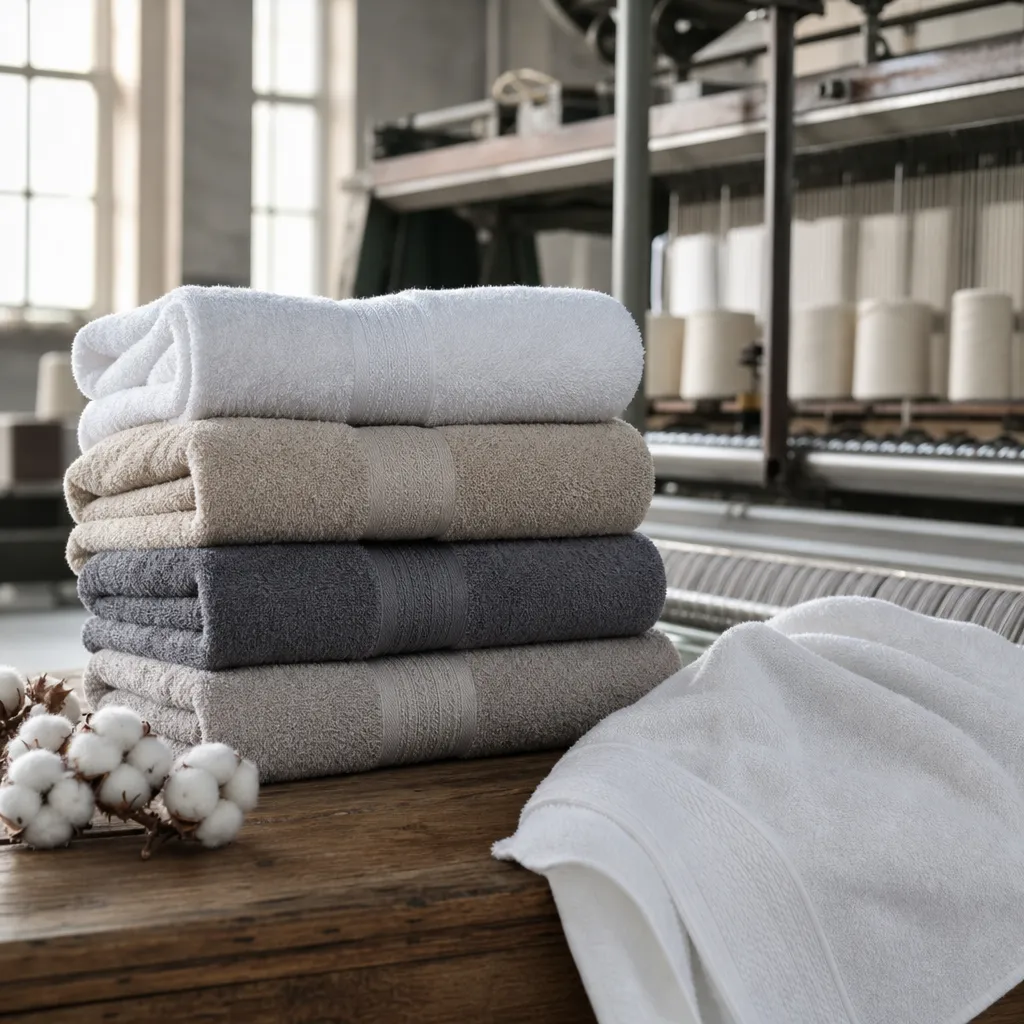 Turkish cotton bath towels stacked for OEM hotel and retail sourcing review at factory inspection