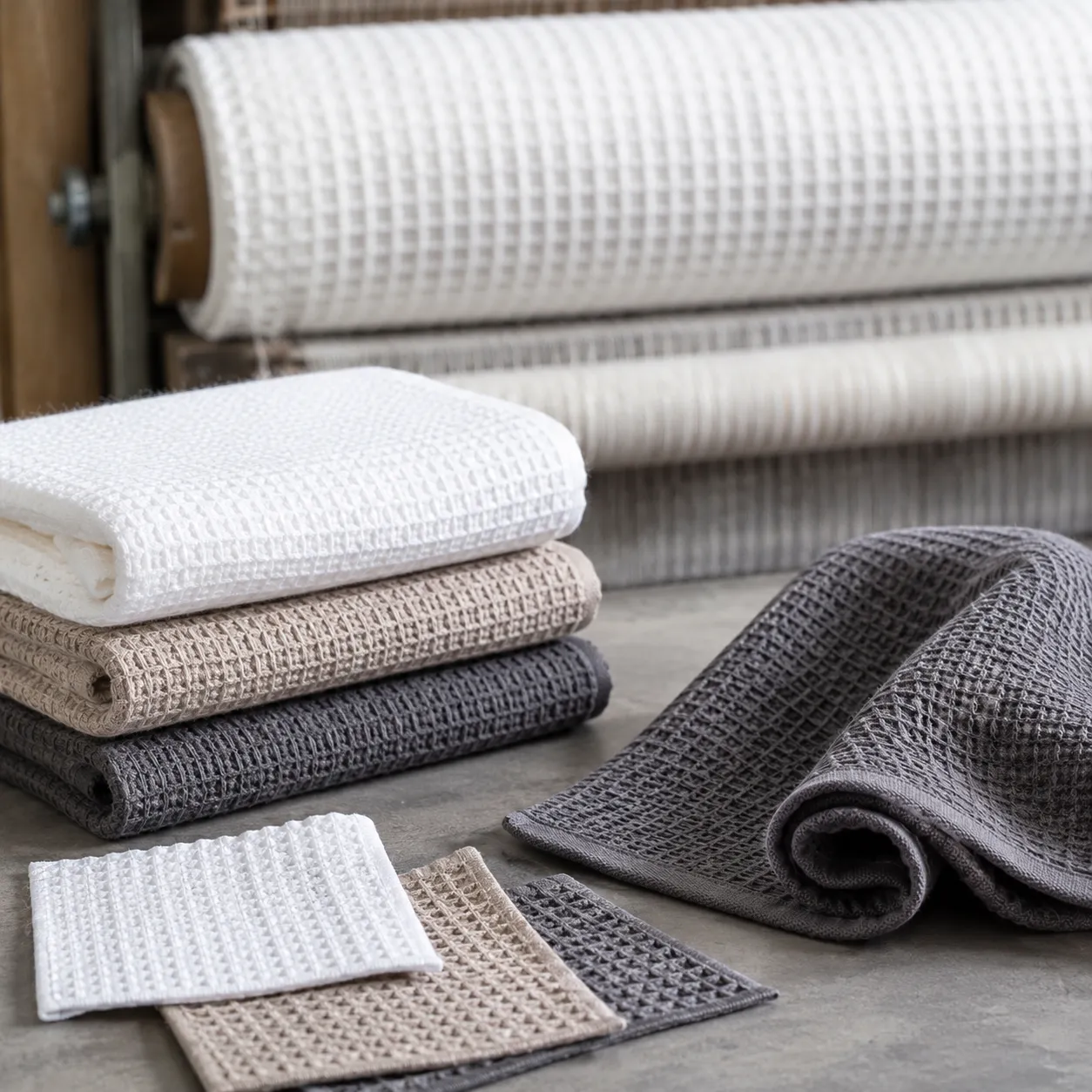 Waffle weave cloth samples for hotel and spa programs, showing cell structure, hem finish, and dry hand