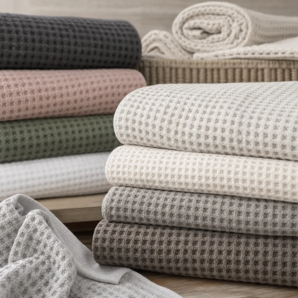 Waffle weave towels stacked for spa sourcing with visible honeycomb texture and cotton construction