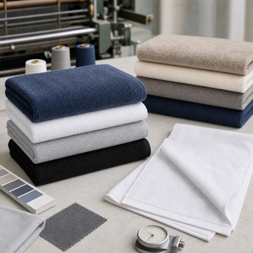 Stacked workout towels for fitness towel wholesale programs with hem, GSM, and logo placement checks