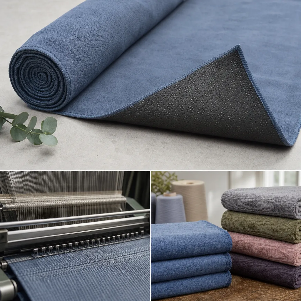 OEM custom yoga towel sized for a manduka yoga mat with grip backing, edge binding, and lab-tested shrinkage